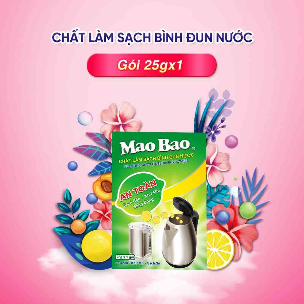 Chất tẩy cặn làm sạch bình đun Mao Bao hộp 25g x 1 gói tẩy cặn canxi, cặn bẩn, khử mùi bình nước, an toàn sức khỏe