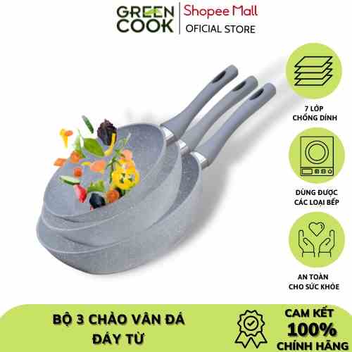 Bộ 3 Chảo chống dính cao cấp Size 22-26-28cm Green Cook - Hàng chính hãng