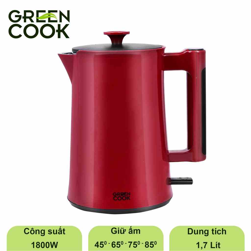 Bình đun cảm ứng giữ ấm inox 304, 2 lớp chống bỏng 1,7L Green Cook GCEK-17S18D