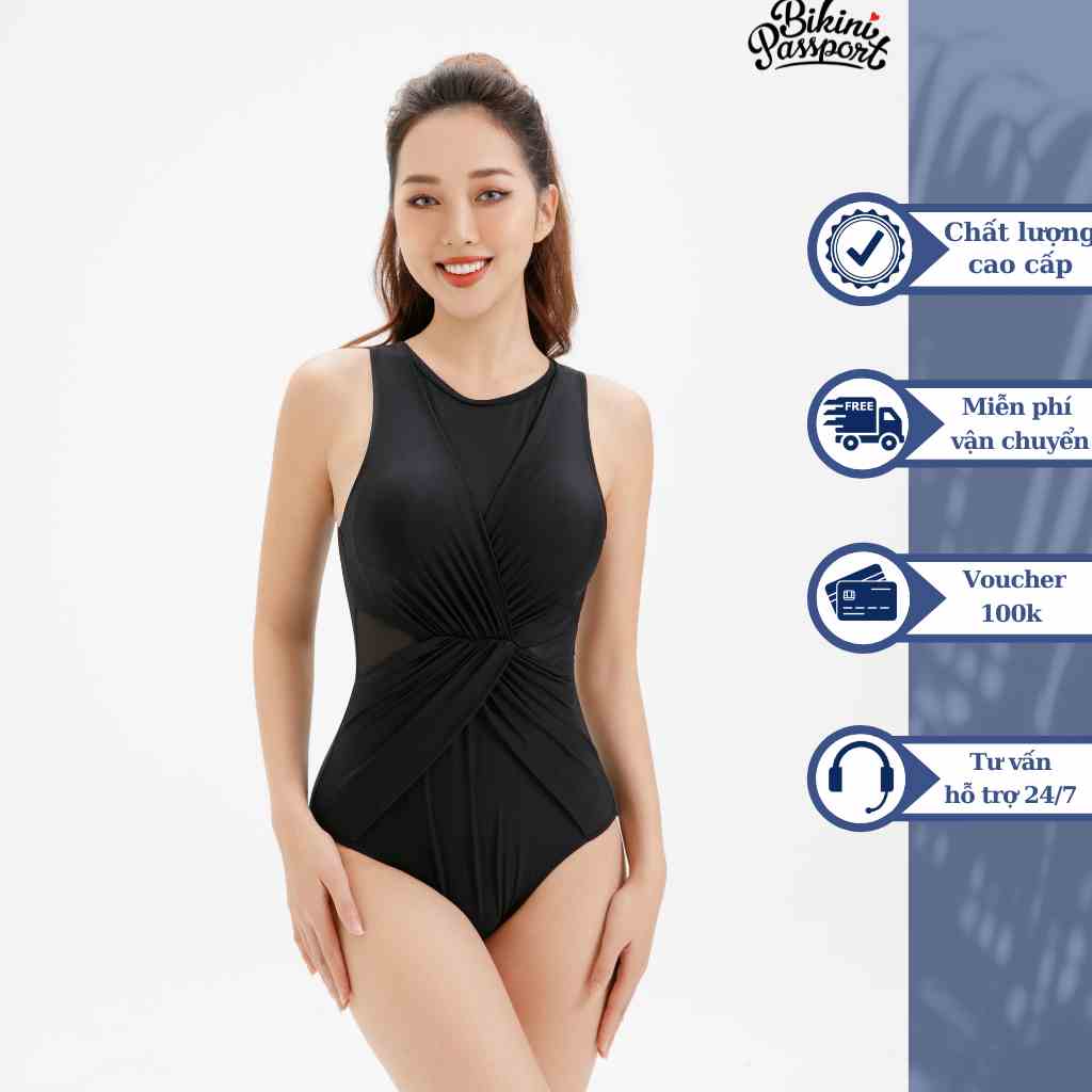 Đồ bơi Nữ BIKINI PASSPORT kiểu Một mảnh sát nách bụng nhún- màu Đen - BS283_BL