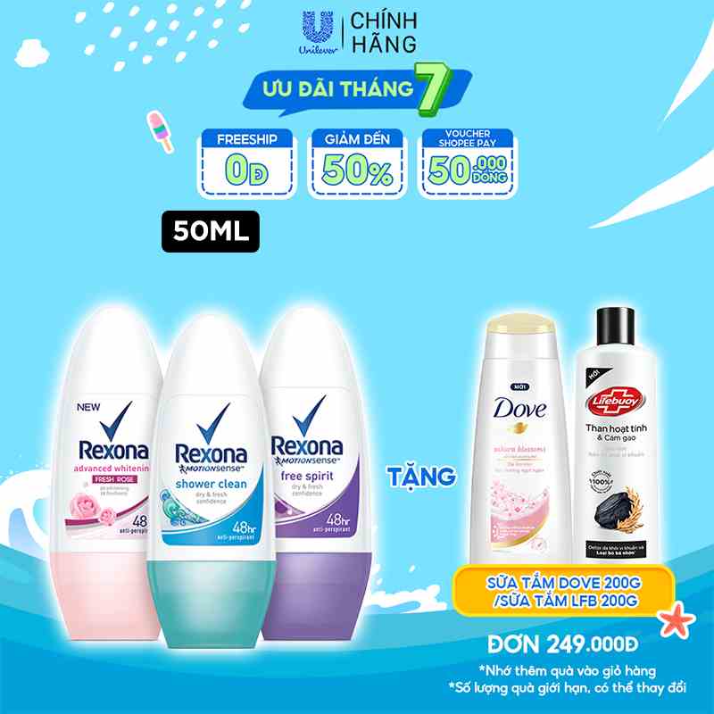 Lăn khử mùi Rexona dưỡng sáng tự nhiên, khô thoáng tối ưu dành cho nữ, 50ml