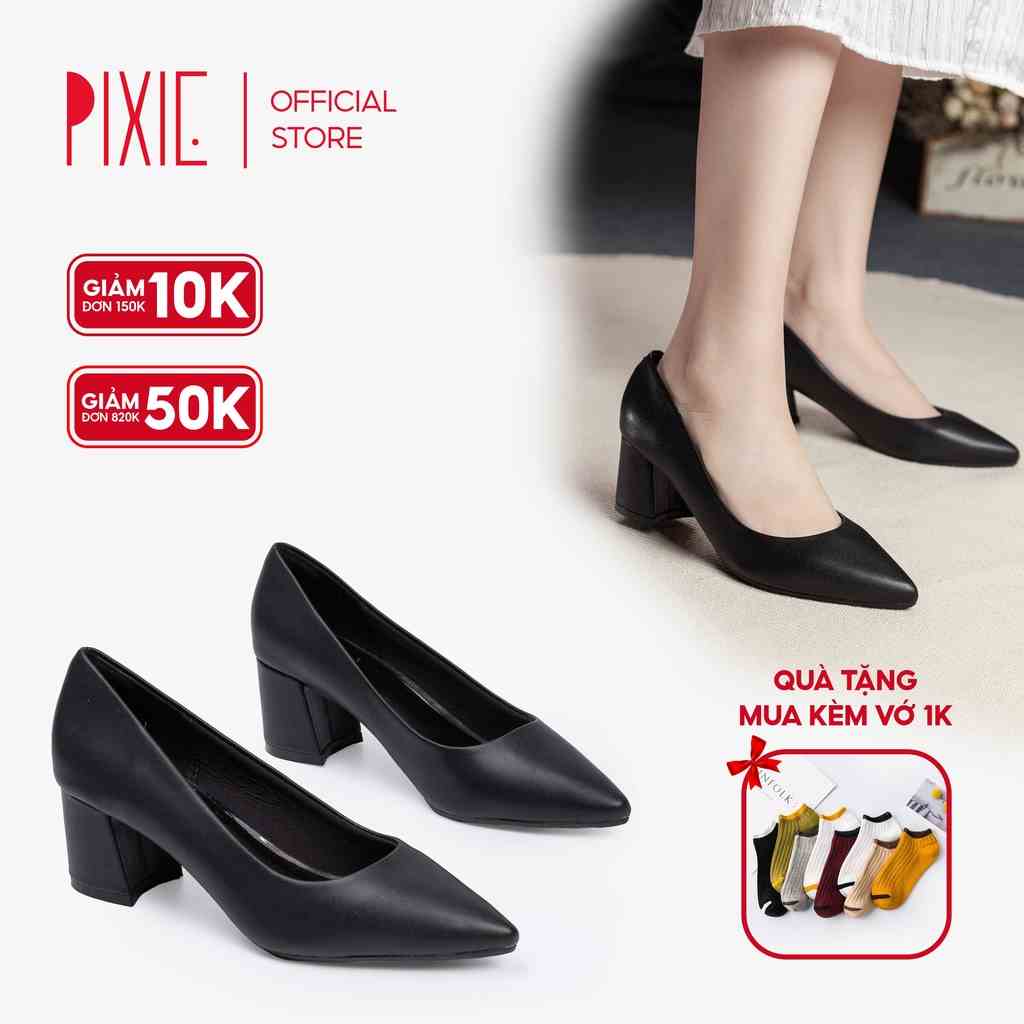 [Form nhỏ] Giày Cao Gót Đế Vuông 5cm Mũi Nhọn Basic Màu Đen Pixie P055