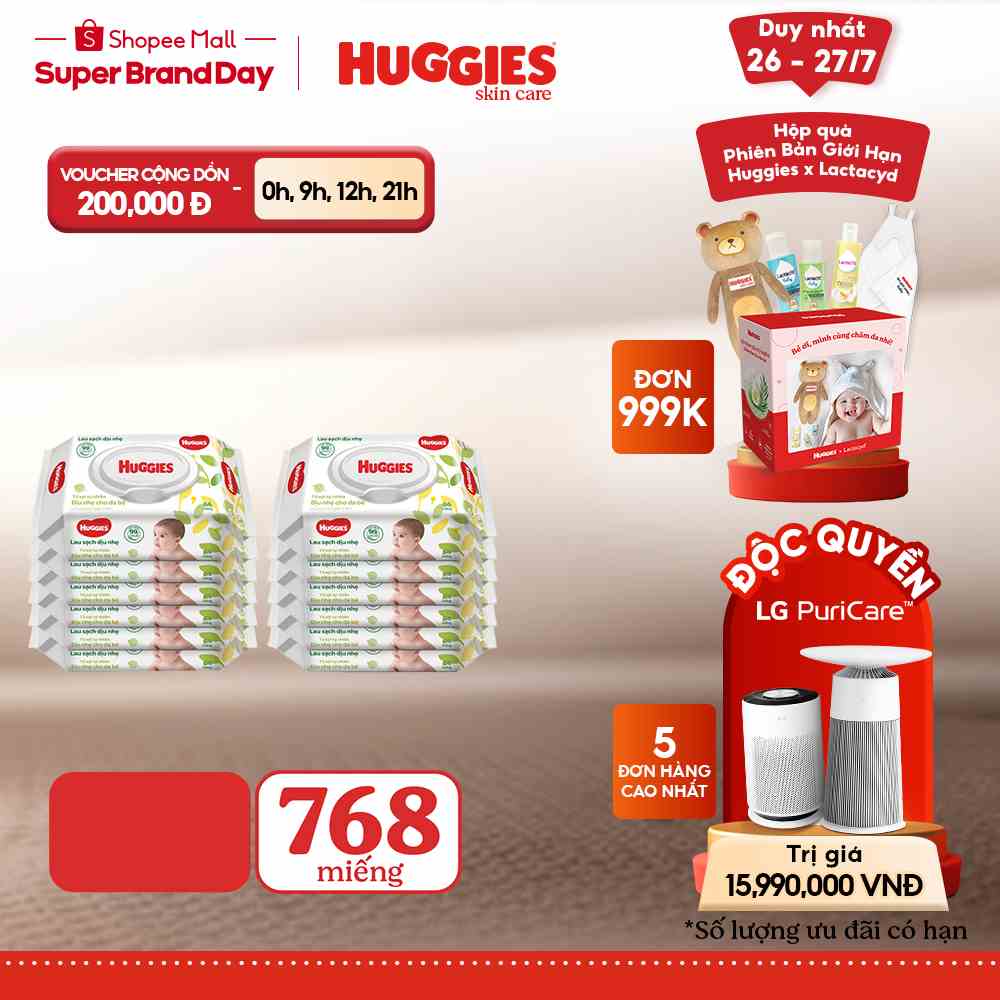 Thùng 12 gói Khăn ướt Huggies không mùi (64 miếng/gói):