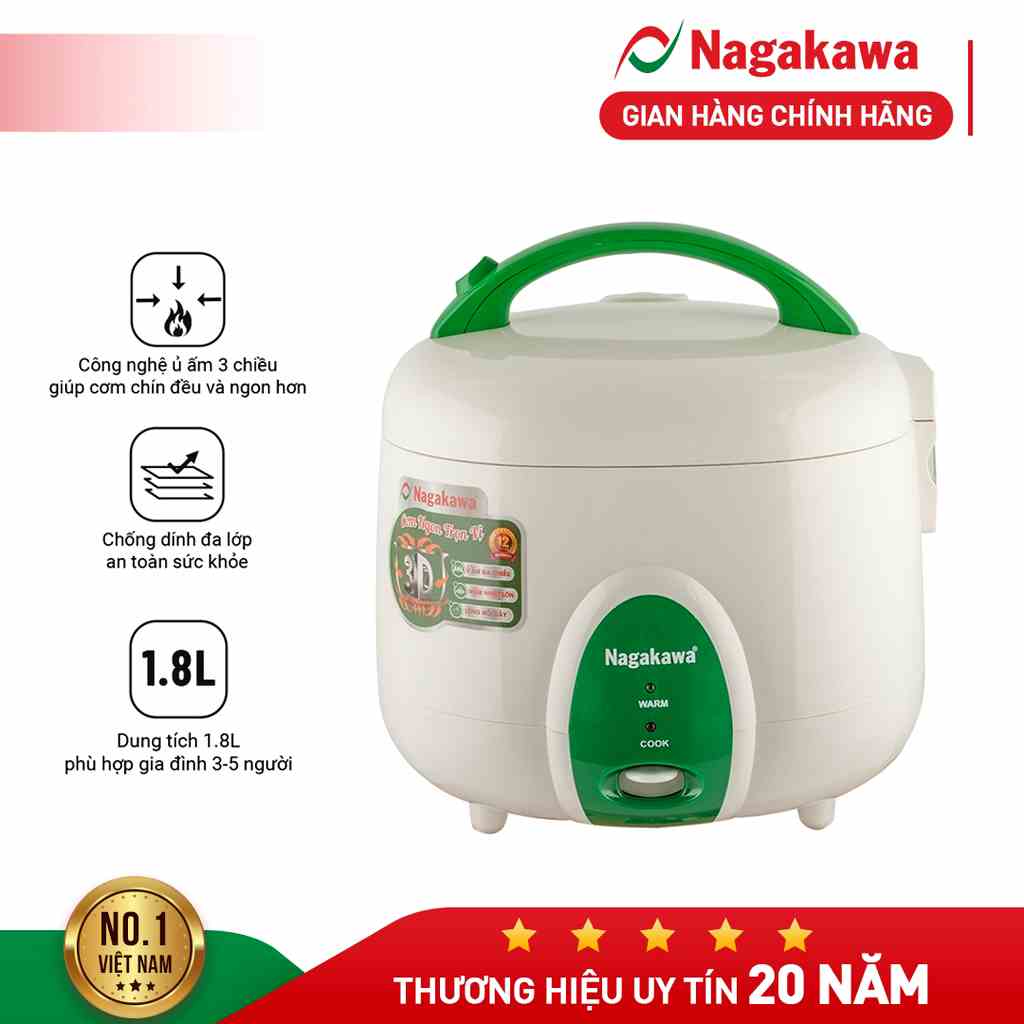 [Mã ELHA22 giảm 6% đơn 300K] Nồi cơm điện 1.8L Nagakawa NAG0118