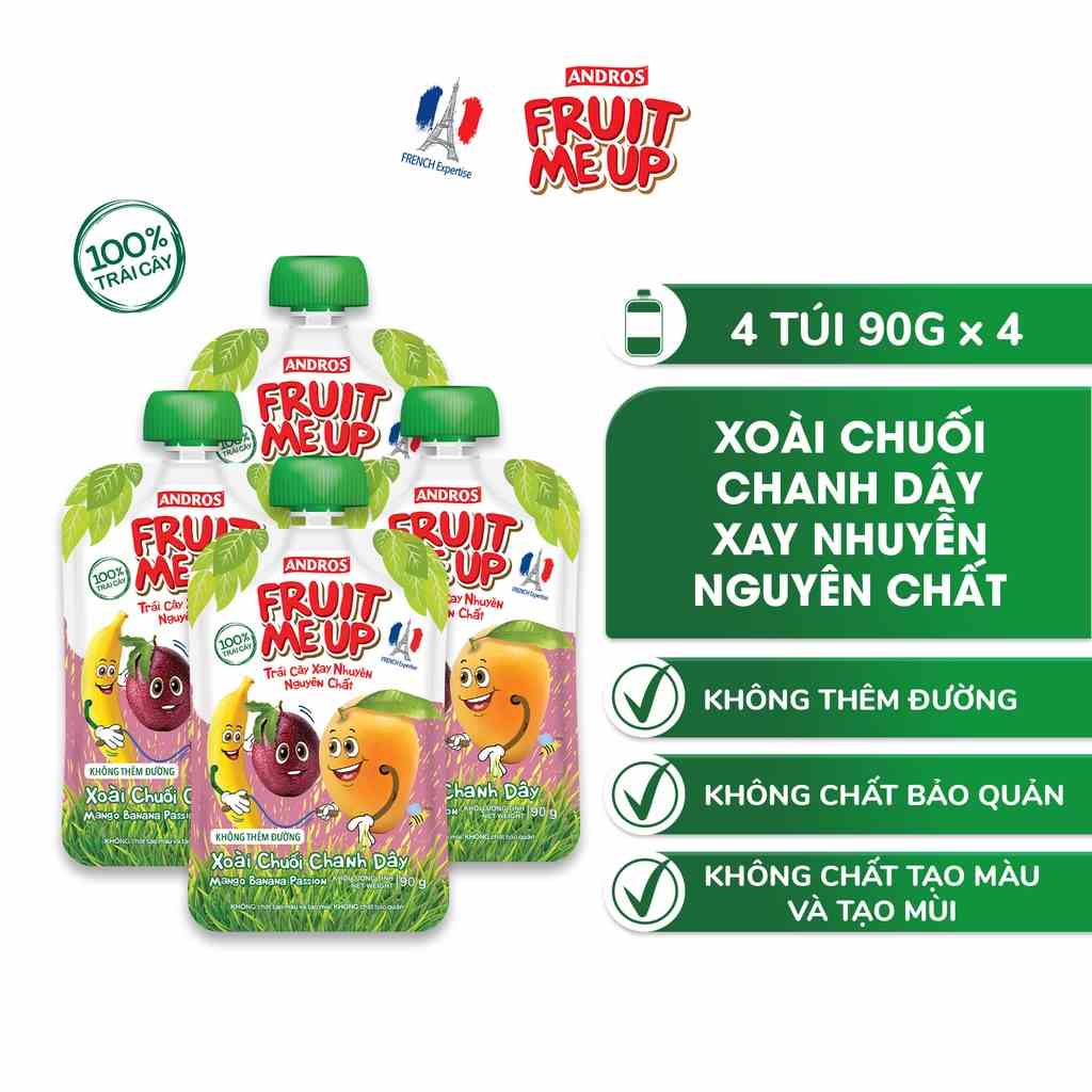 Combo 4 Túi Trái Cây Xay Nhuyễn Vị Xoài chuối chanh dây - 100% trái cây thật - ANDROS FRUIT ME UP - 90gx4