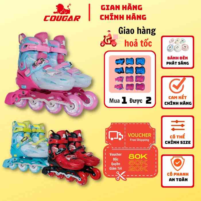 Giày Patin Trẻ Em Cougar 333 Cao Cấp Có Bánh Đèn Phát Sáng Toàn Bộ, Có Thể Điều Chỉnh Size, Tặng kèm bảo hộ tay chân