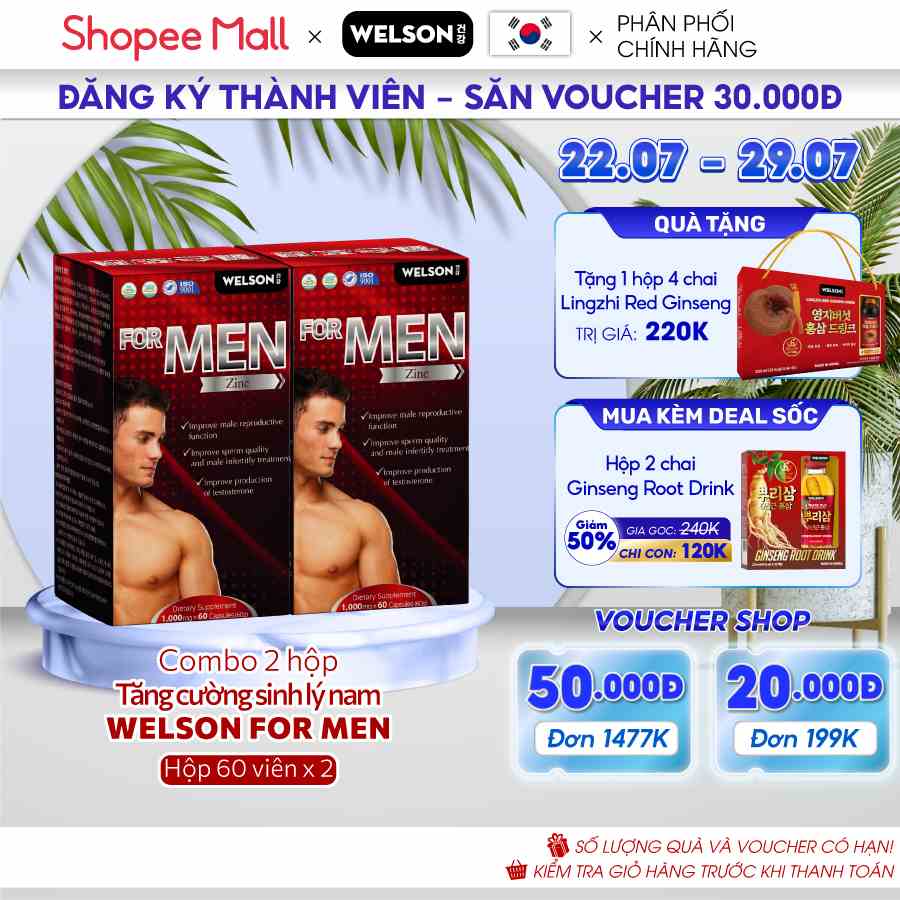 Combo 2 Hộp Tăng Cường Sinh Lý Nam Bổ Thận Tráng Dương Welson For Men 2 x 60 viên