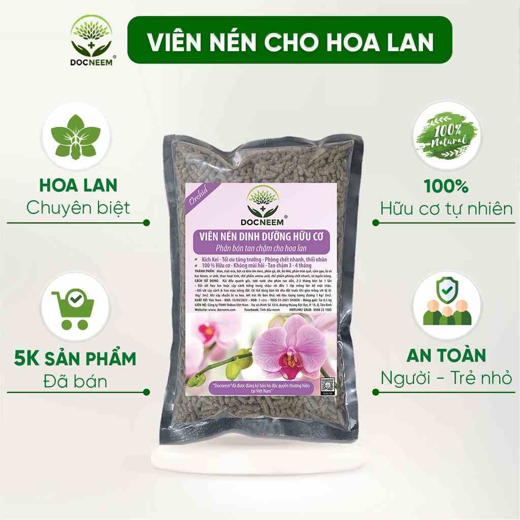 Phân bón cho hoa lan DOCNEEM tan chậm, viên nén dinh dưỡng hữu cơ vi sinh ben 01 cho hoa lan, chính hãng