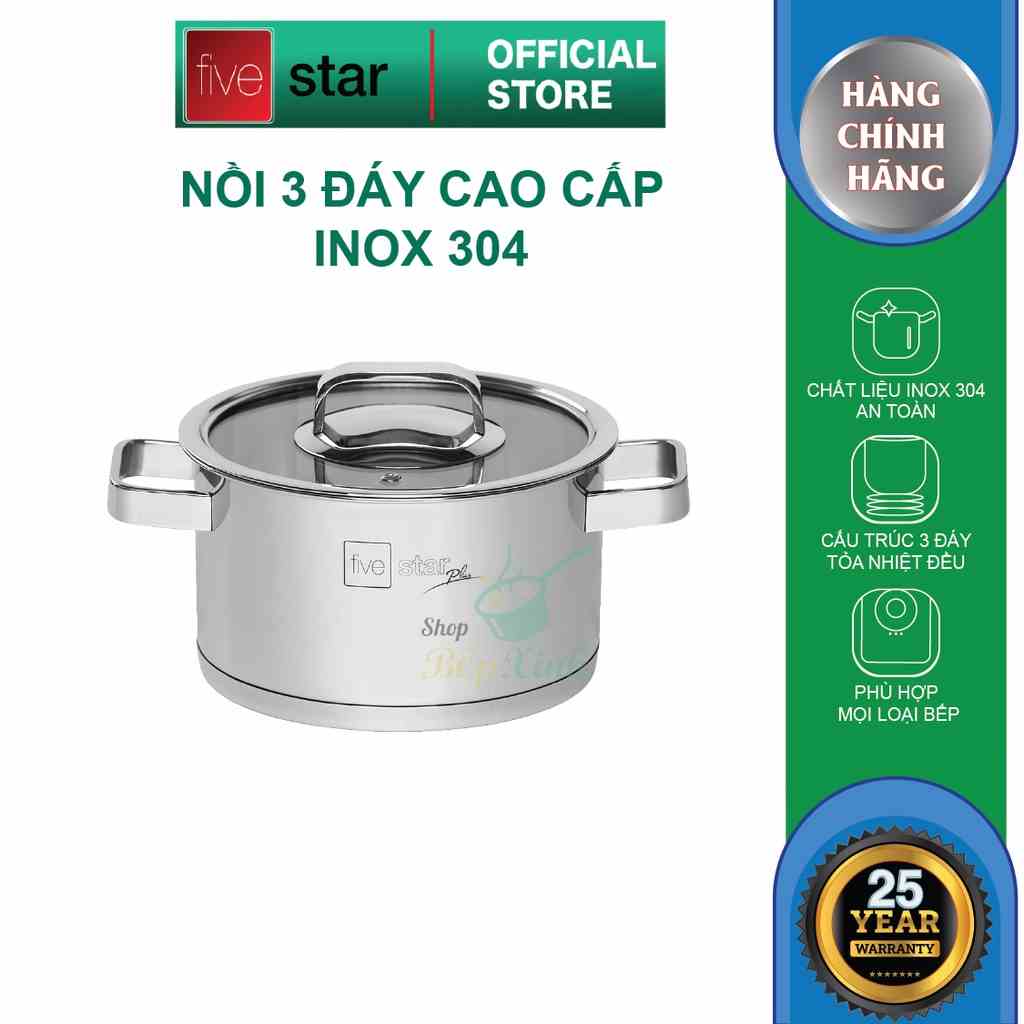 Nồi inox 304 Fivestar 3 đáy quai vuông nắp kính,dùng được bếp từ (16cm / 18cm / 20cm / 24cm )