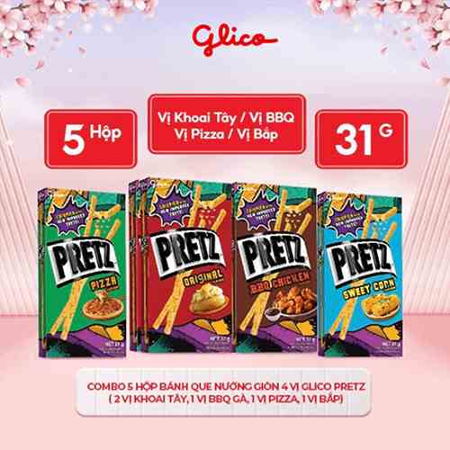 [Mã BMLTB35 giảm đến 35K đơn 99K] Combo 5 hộp Bánh que nướng giòn 4 vị GLICO Pretz (2 Khoai tây 1 BBQ Gà 1 Pizza 1 Bắp)