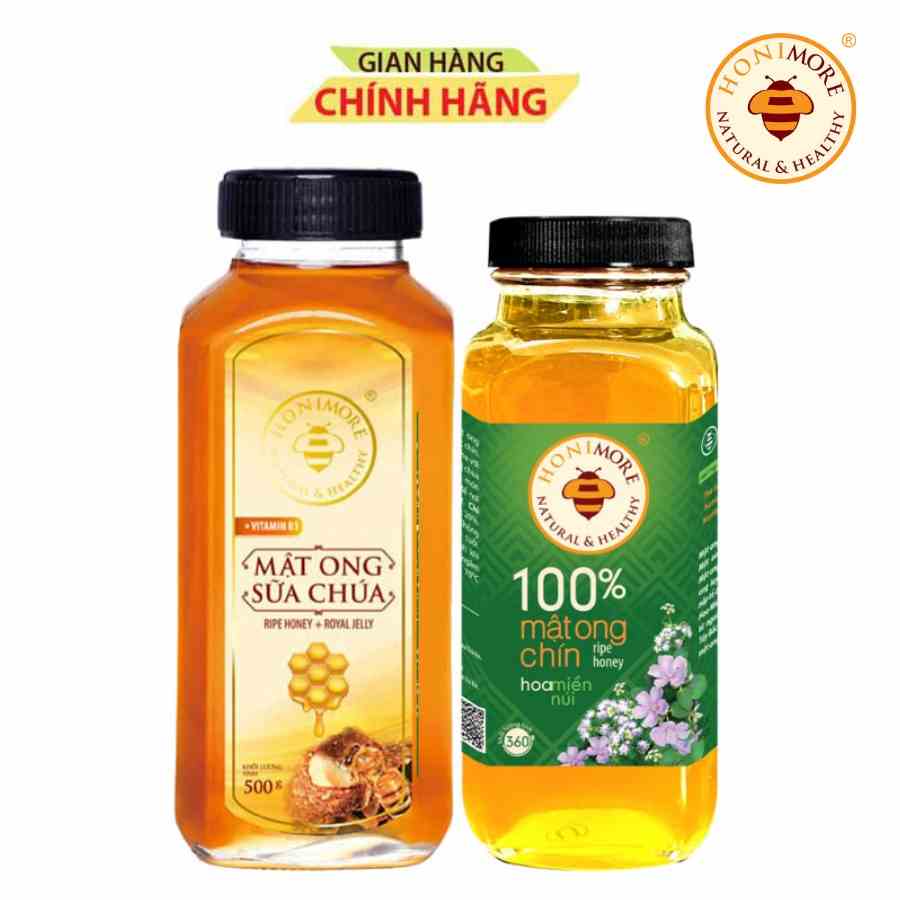 Combo Mật ong sữa chúa Honimore 500g + 1 Mật ong nguyên chất Hoa Miền Núi 360g - Giúp tăng cường đề kháng, chống lão