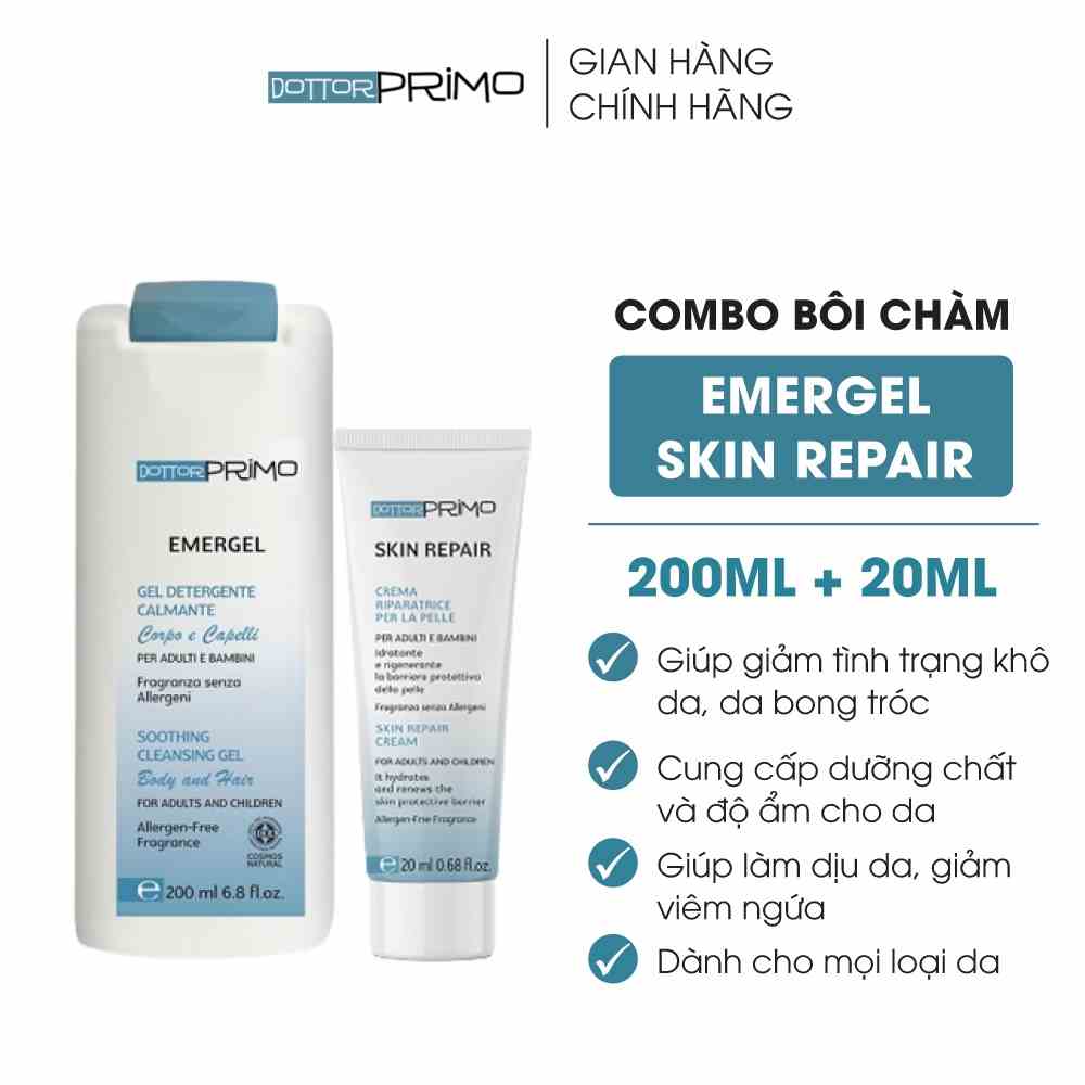 Combo Viêm Da Cơ Địa, Eczema, Chàm Da, Nứt Nẻ DottorPrimo Skin Repair 20ml & DottorPrimo Emergel 200ml