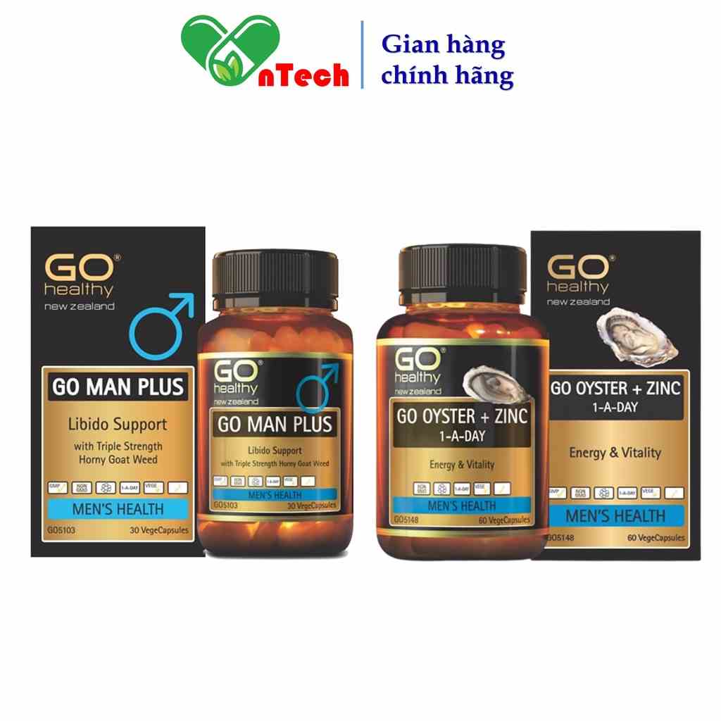 Combo Tinh chất hàu Go Healthy OYSTER + ZINC và GO MAN PLUS hỗ trợ điều trị yếu sinh lý xuất tinh sớm hộp 30 và 60 viên