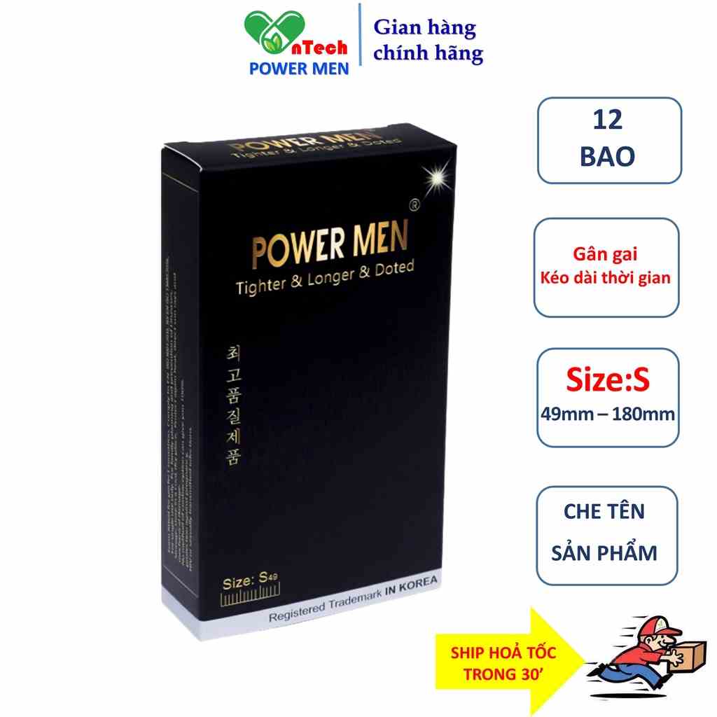 Bao cao su POWER MEN Gân gai size nhỏ 49mm chứa 5% Benzocain kéo dài thời gian kiểu dáng 3D ôm khít