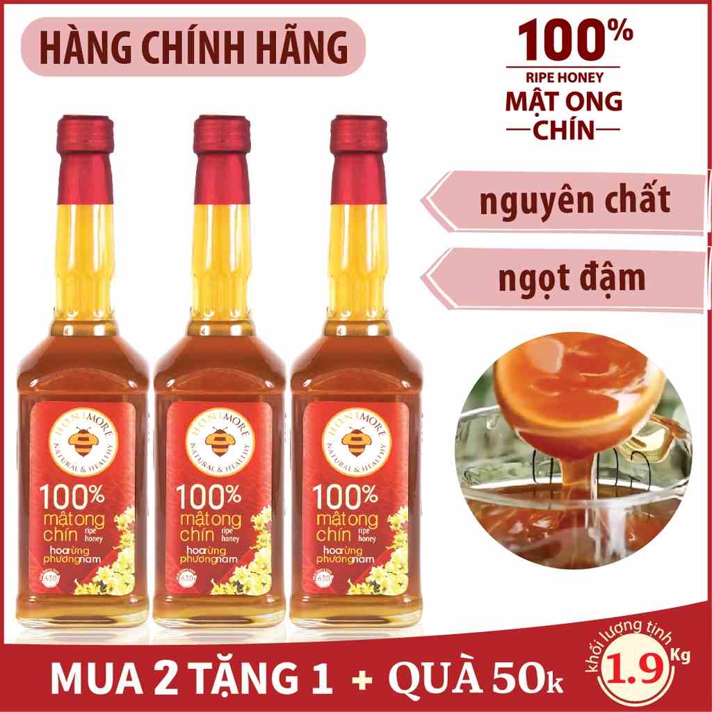 Set 2 chai tặng 1 chai cùng loại: Mật ong nguyên chất Hoa Rừng Phương Nam 630g - 100% mật ong chín nguyên chất