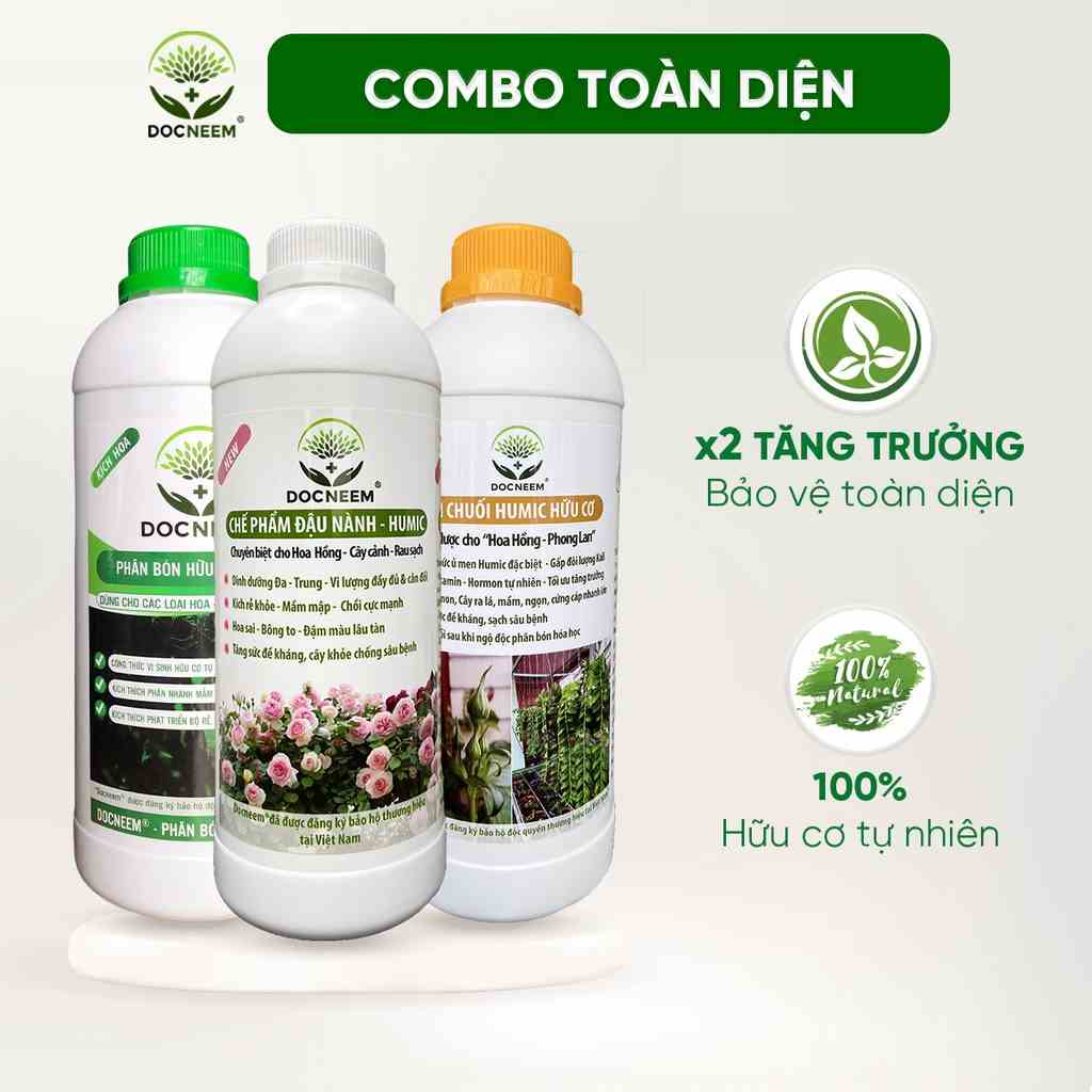 Combo Phân bón hữu cơ toàn diện cho hoa hồng, cây cảnh, 3 lít, giúp cây nhiều mầm, sai hoa, chính hãng DOCNEEM