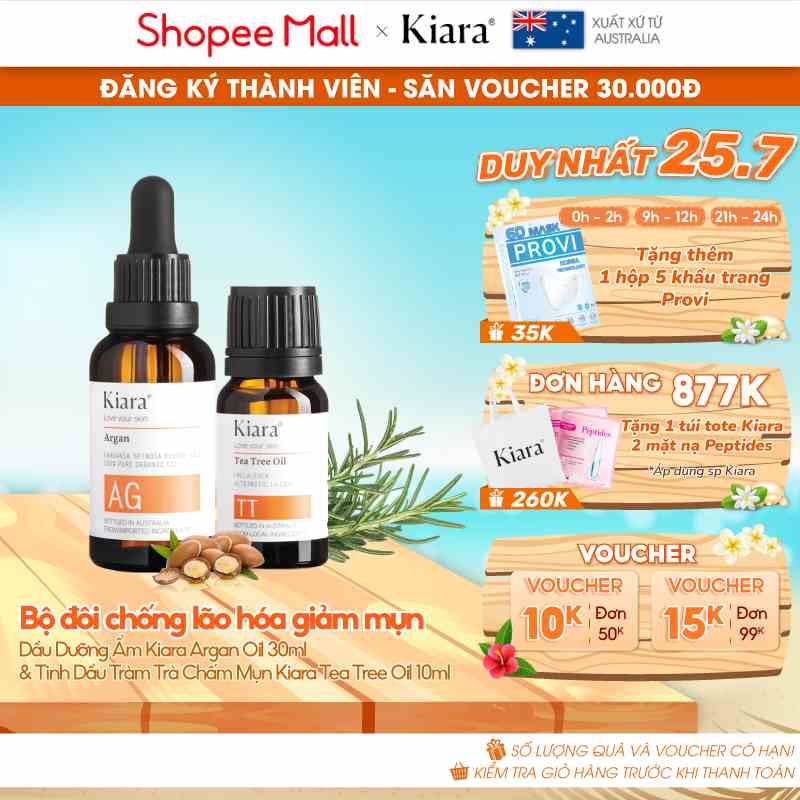 Bộ đôi chống lão hóa giảm mụn Dầu Dưỡng Ẩm Kiara Argan Oil 30ml & Tinh Dầu Tràm Trà Chấm Mụn Kiara Tea Tree Oil 10ml