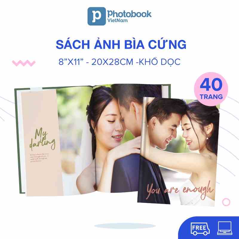 [Toàn Quốc] [E-voucher] In sách ảnh cưới theo yêu cầu bìa cứng 40 trang khổ dọc 20x 28cm - thiết kế trên web Photobook