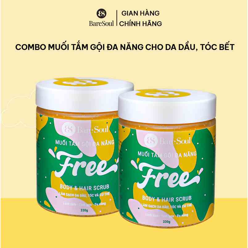 Combo 2 Muối tắm gội tẩy tế bào chết cơ thể và tẩy tế bào chết da đầu, tóc BareSoul FREE Body & Hair Scrub 330g x2