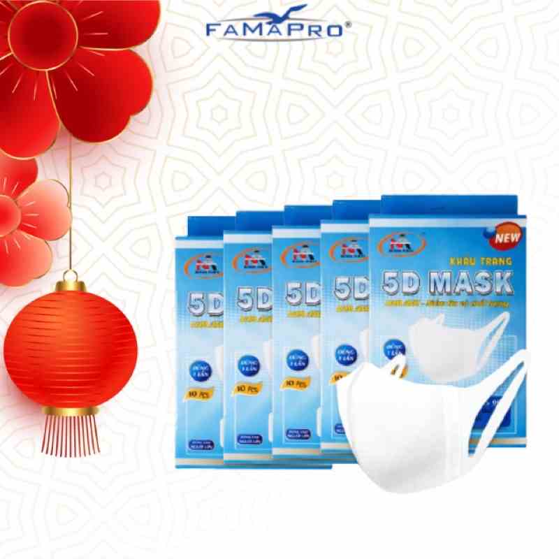 [HỘP10 CÁIQUAI VẢI] COMBO 5 HỘP Khẩu trang y tế kháng khuẩn 3 lớp Famapro 5D Mask