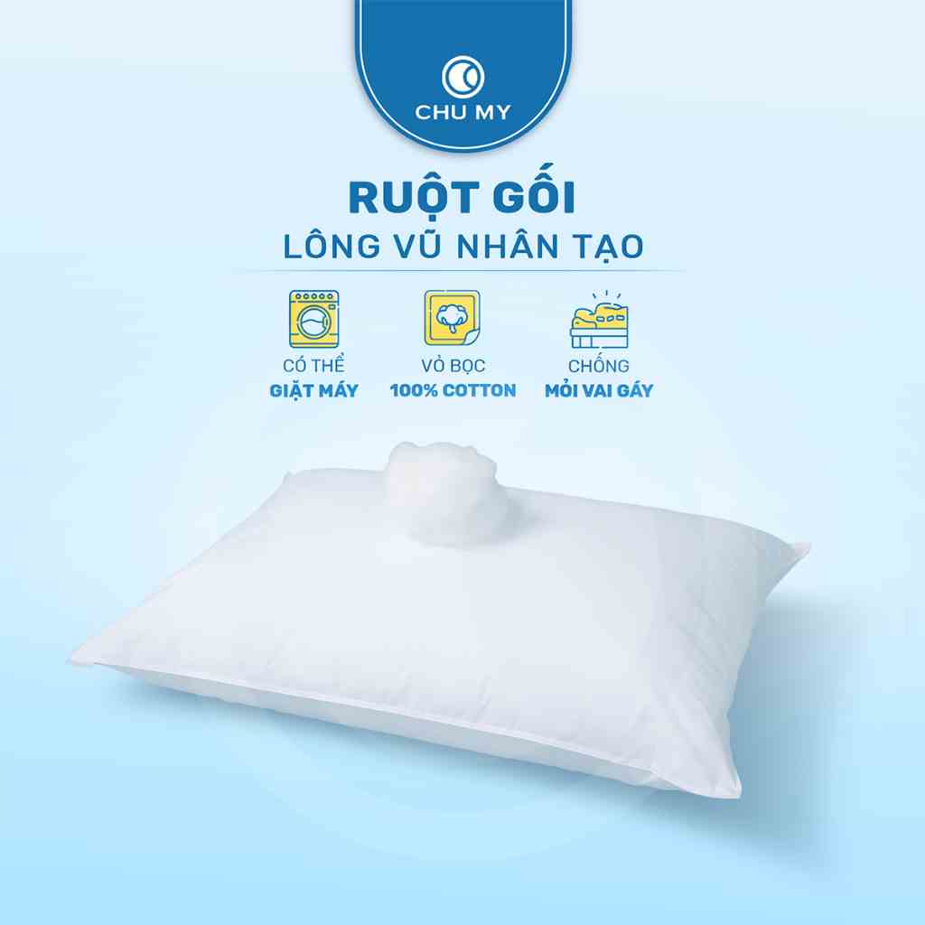 Ruột gối CHU MY Microfiber siêu mịn, vỏ 100% cotton T233, chuẩn khách sạn 5 sao, kích thước 40x60cm, 50x70cm, 60x80cm