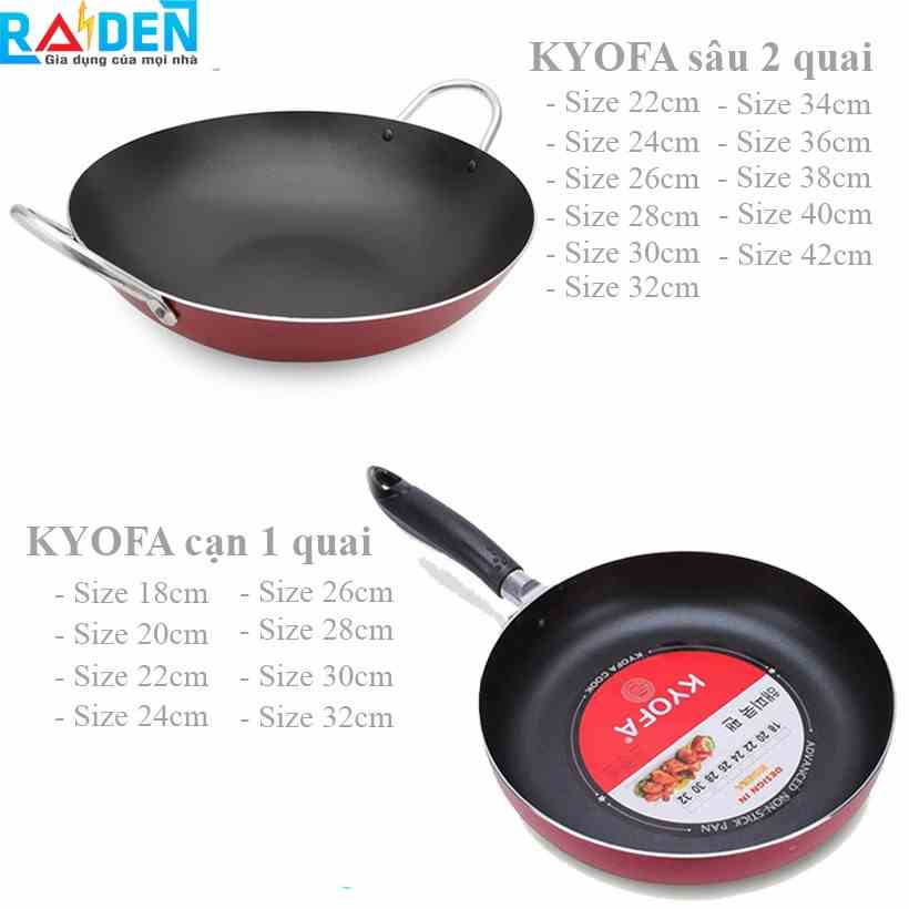 Chảo chống dính cạn hoặc sâu 1 quai hoặc 2 quai Kyofa công nghệ Hàn Quốc size 38 36 34 32 30 28 26 24 22 20 cm