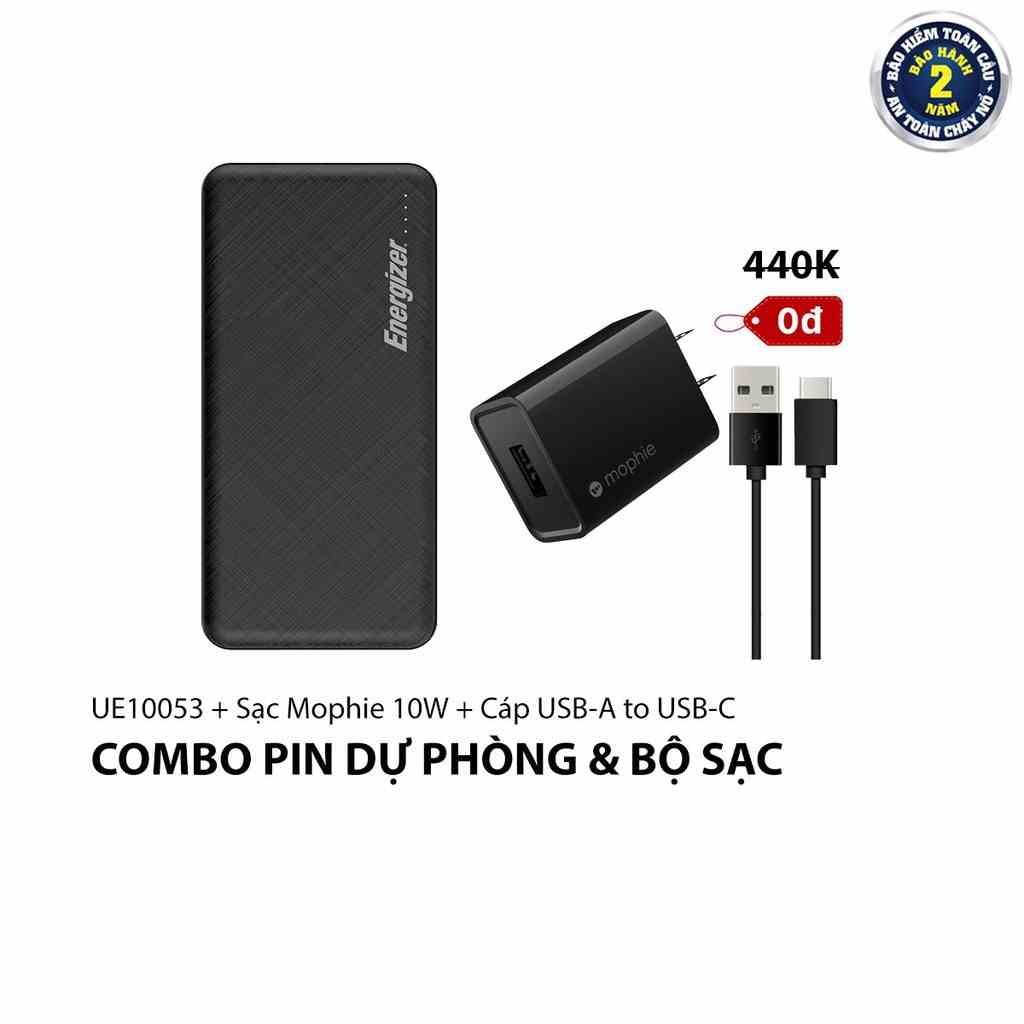 Combo pin dự phòng Energizer 10000mAh UE10053 kèm cáp USB - C + Cốc sạc Mophie 10W  - Hàng chính hãng