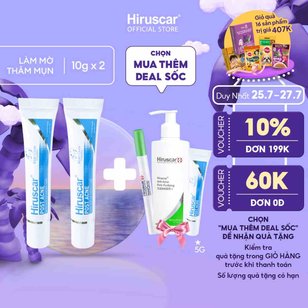 Bộ 2 gel chăm sóc sẹo mụn và mụn thâm Hiruscar Post Acne 10g