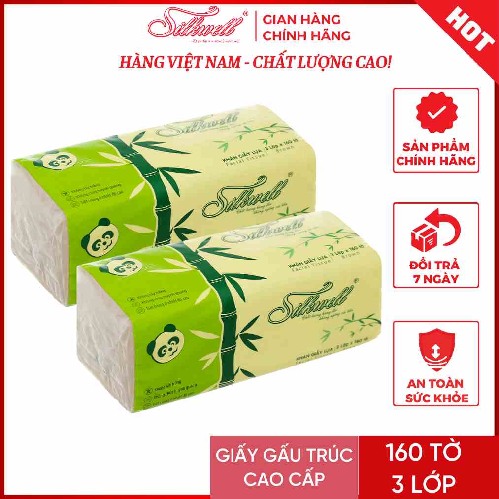 Khăn giấy ăn gấu trúc Silkwell 160 tờ 3 lớp siêu dai không tẩy trắng hàng chính hãng