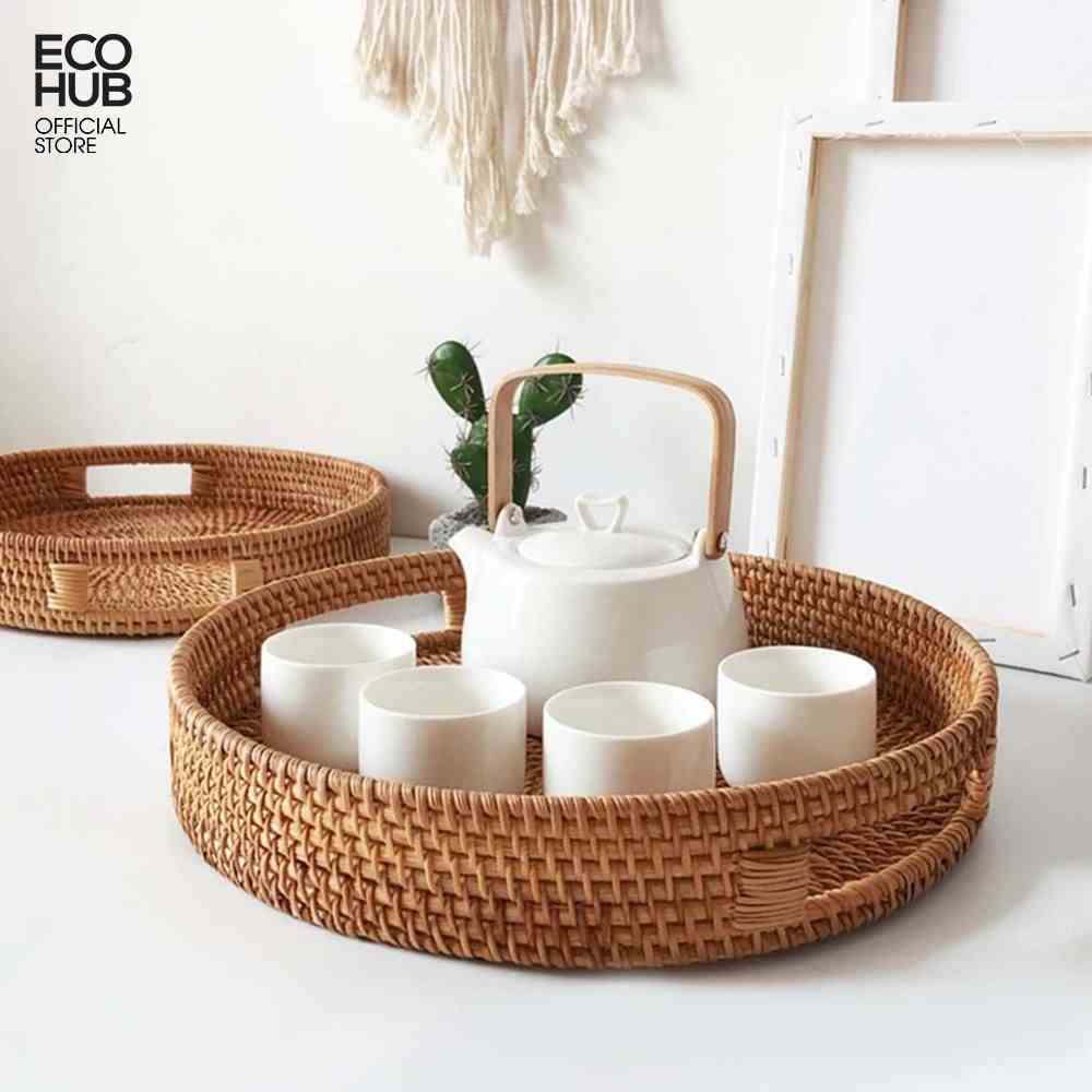 Khay mây tròn ECOHUB có tay cầm, d30cm / 35cm (Basket Rattan Woven Storage Tray with Handle) | EH026