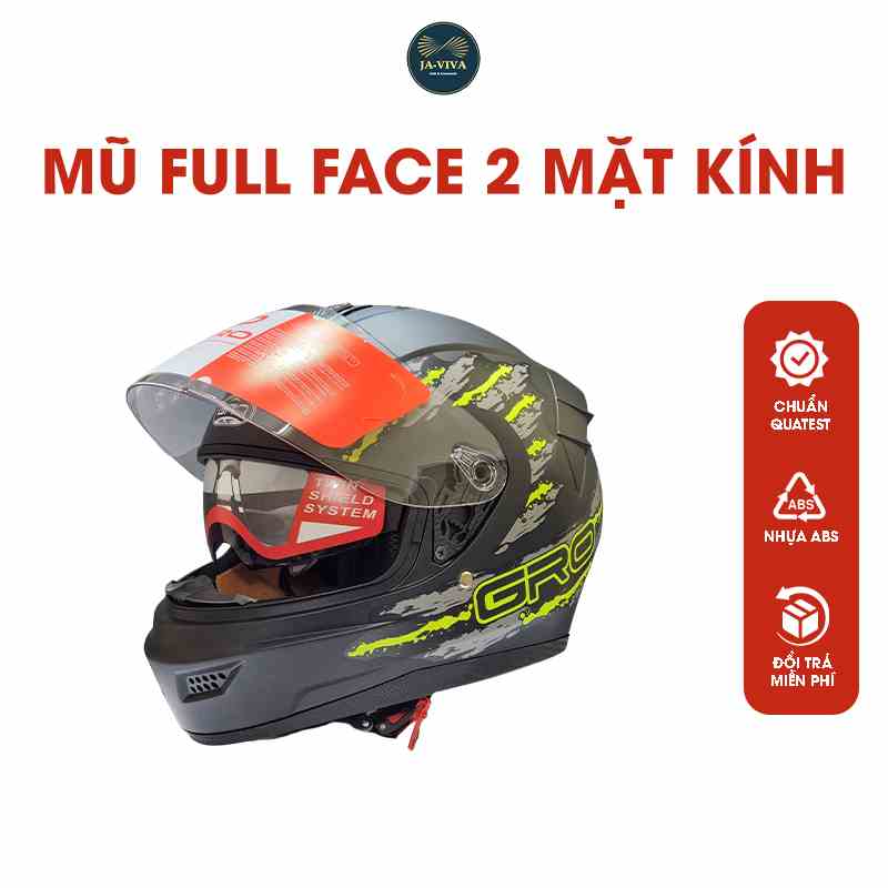 Mũ bảo hiểm trùm đầu GRO HELMET 2 kính mẫu tem dán sang trọng bảo hành 12 tháng