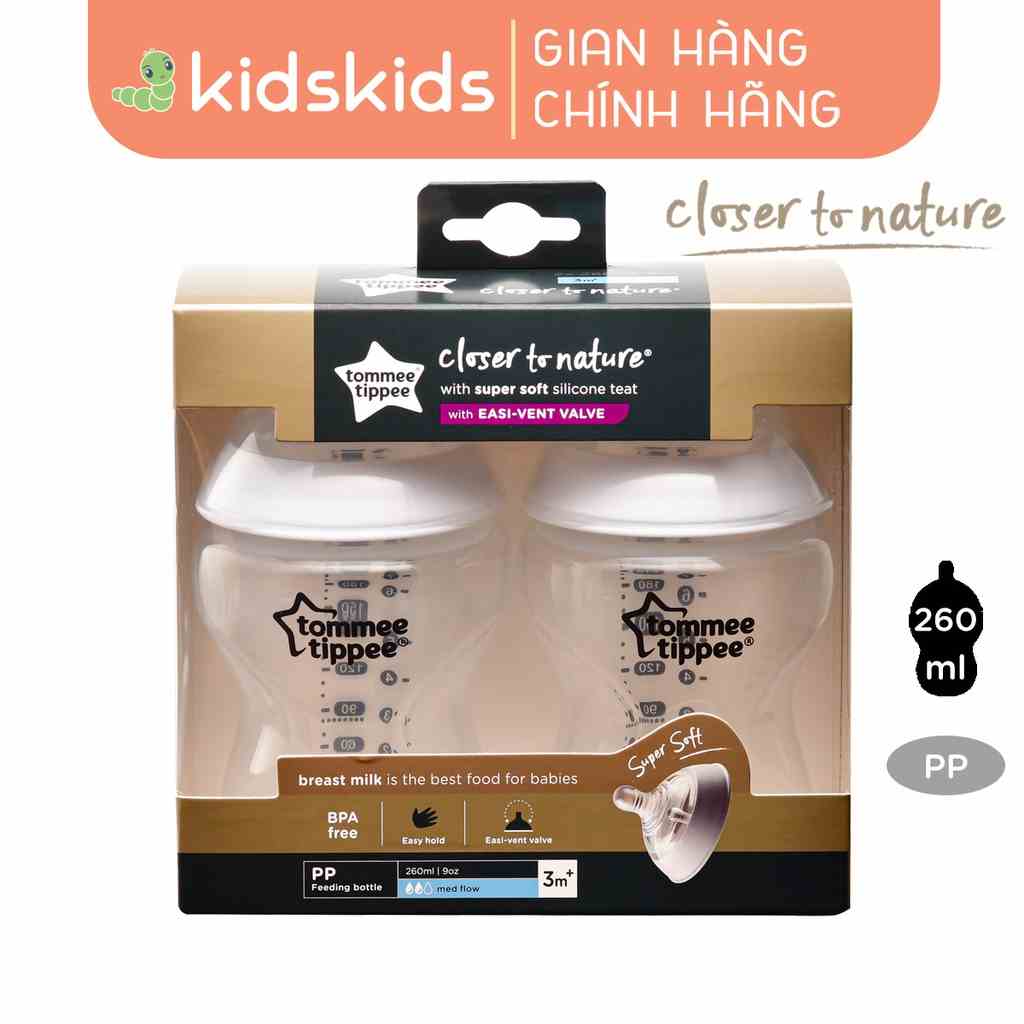 Bình sữa ty siêu mềm tự nhiên Tommee Tippee Closer to Nature 260ml, núm ty đi kèm 3-6 tháng (bình đôi)