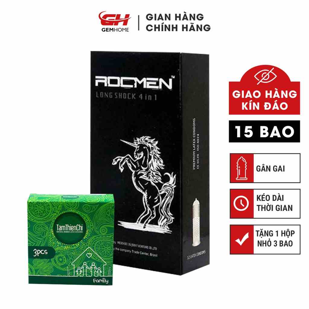 Bao Cao Su Gai Rocmen Đen Gân Gai hộp 12c +Tặng 1 Hộp BCS tâm thiện chí siêu mỏng Family 3 bao