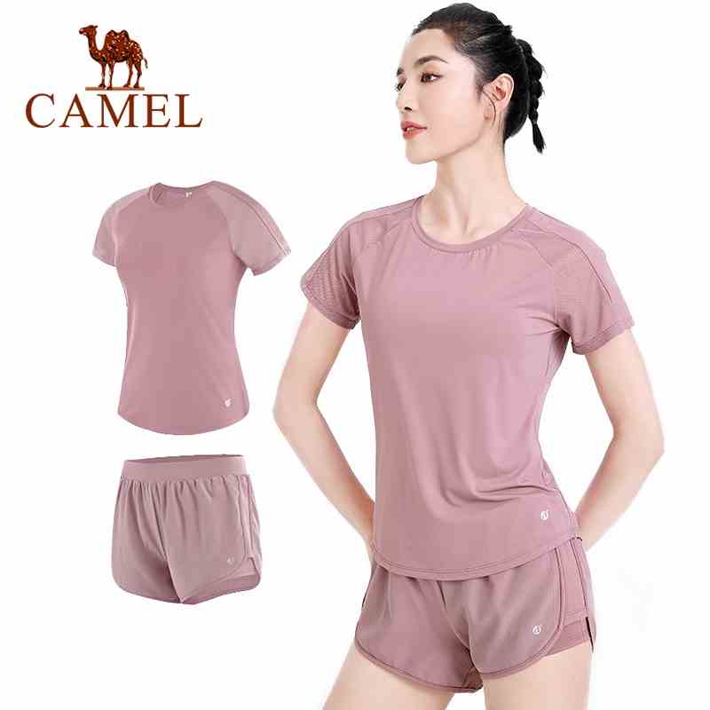 Set trang phục thể thao CAMEL quần đùi và áo thun tay ngắn tập yoga gym dành cho nữ