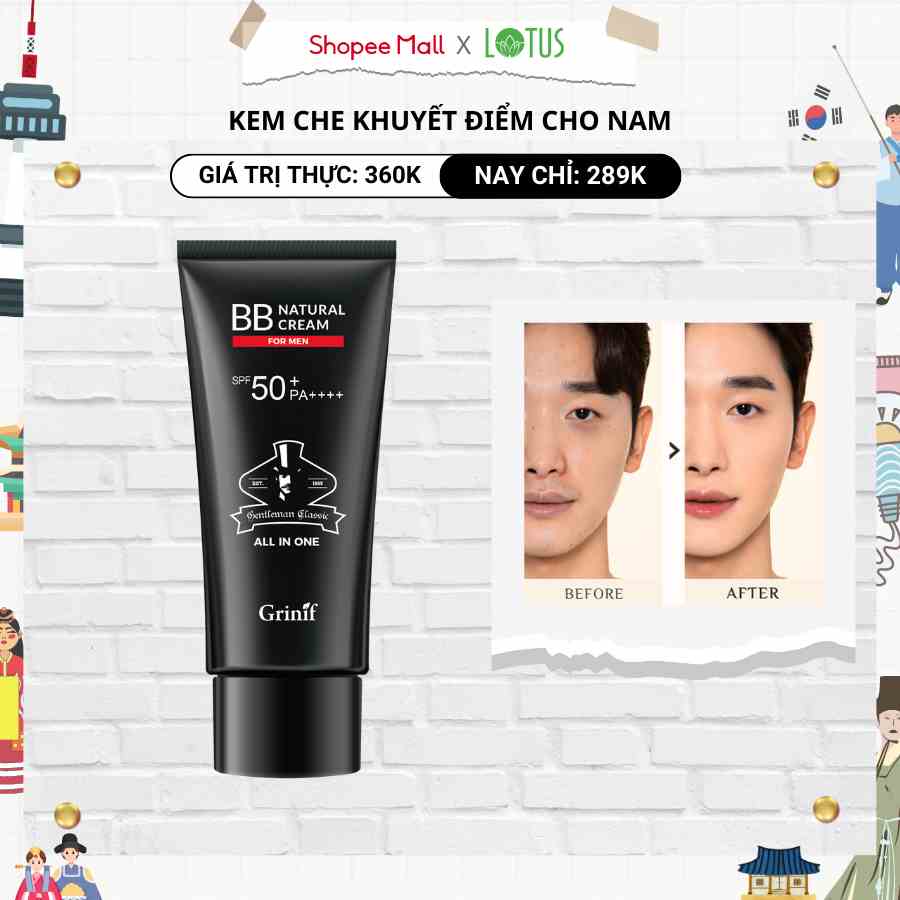 Kem che khuyết điểm cho nam giới, chống nắng hoàn hảo, không lộ vân kem Grinif Natural BB Cream for Men 50ml