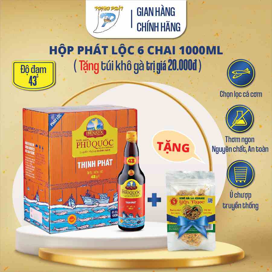 Hộp 6 chai Phát Lộc 1000ml nước mắm truyền thống Phú Quốc Thịnh Phát 43 độ đạm chiết xuất từ cá cơm biển Phú Quốc