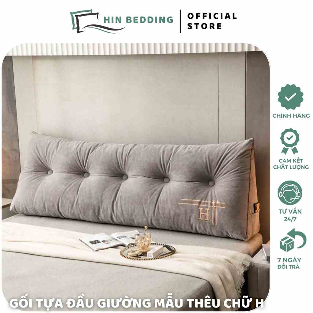 Gối Tựa Đầu Giường HIN BEDDING Hình Tam Giác Thêu Chữ H Đính Khuy Bọc Cao Cấp Có Sẵn 1m8 Và 1m5