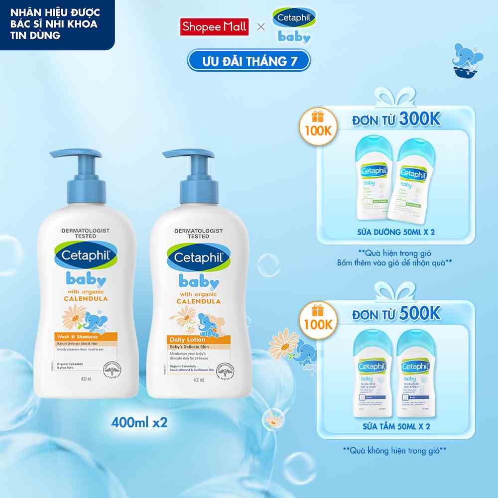 Combo Sữa tắm gội Cetaphil Baby W&S with Organic Calendula 400ml+Sữa dưỡng ẩm Cetaphil Baby with Organic Calendula 400ml