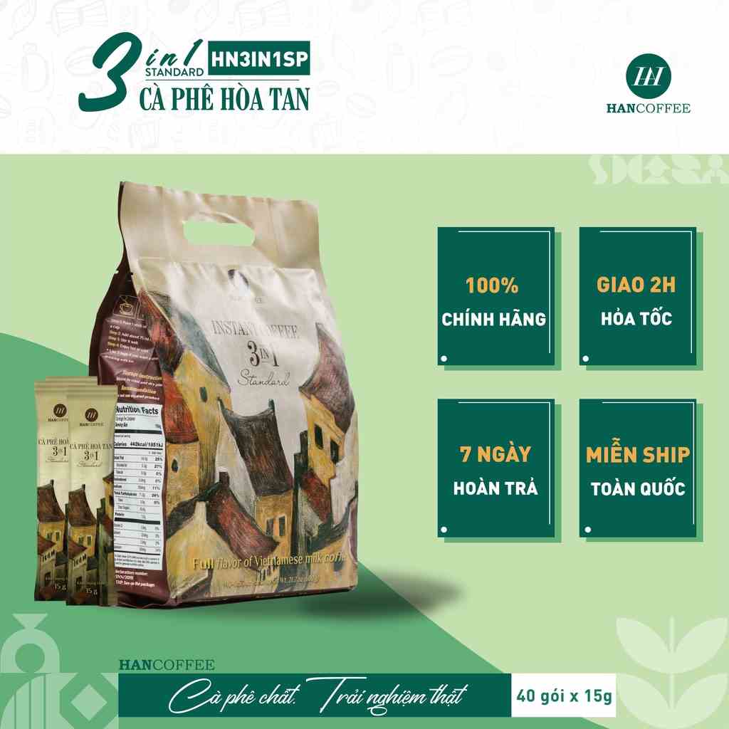 Cà Phê Sữa Hòa Tan HANCOFFEE 3in1 Standard Túi 600 gr Đậm Vị Cà Phê, Ngọt Nhẹ, Béo Ngậy - HN3IN1SP