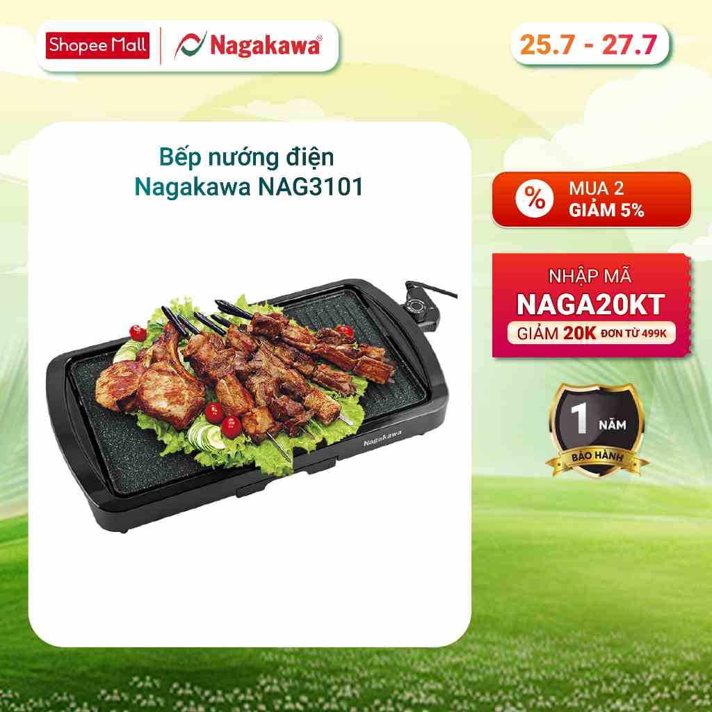 Bếp Nướng Điện Nagakawa NAG3101 (1650W) - 5 mức điều chỉnh nhiệt độ linh hoạt - Hàng Chính Hãng