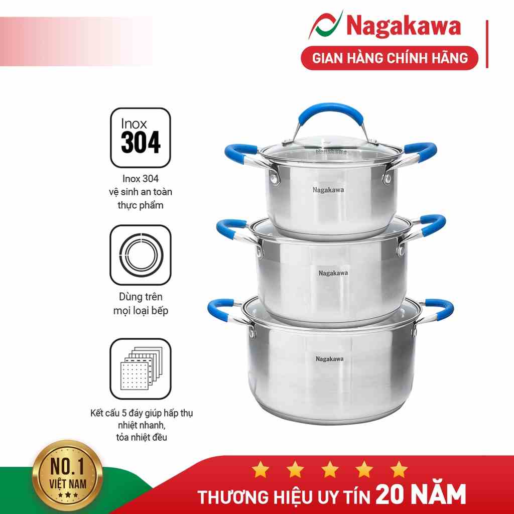 Bộ 3 nồi inox cao cấp 5 đáy Nagakawa NAG1302 (16cm, 20cm, 24cm) dùng cho mọi loại bếp - Hàng Chính Hãng