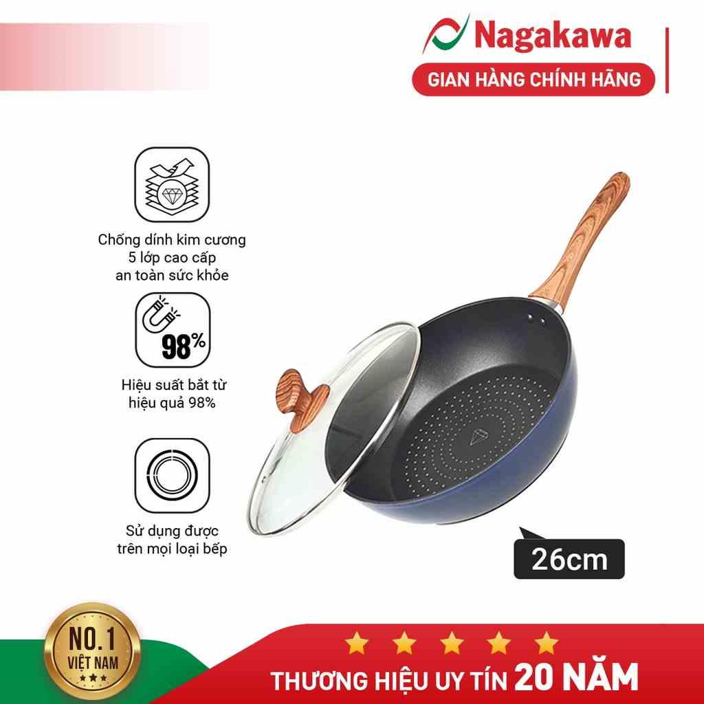 Chảo kim cương đáy từ sâu lòng có vung kính 26cm Nagakawa NAG2653