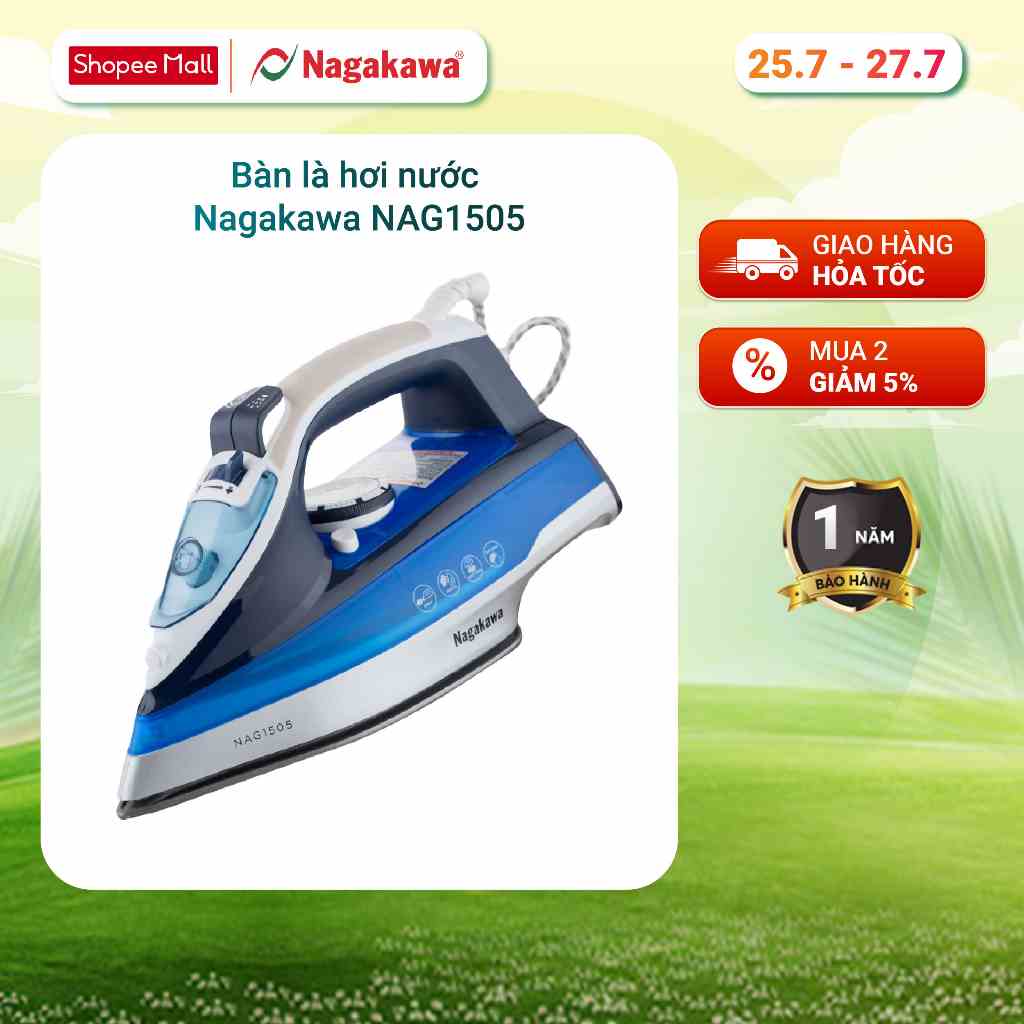 Bàn là hơi nước Nagakawa NAG1505 (1200W - 280ml) - Cảm biến nhiệt đóng ngắt an toàn - Bảo hành 12 tháng