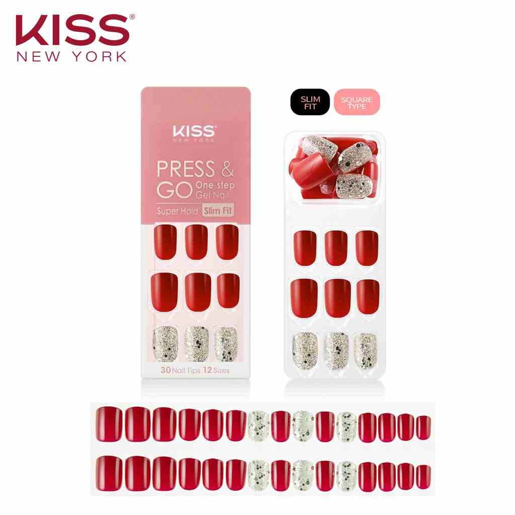 [Mã BMLTB35 giảm đến 35K đơn 99K] Bộ 30 Móng Tay Gel Tự Dán Press & Go Kiss New York Nail Box - Holiday Red (KPNS04K)