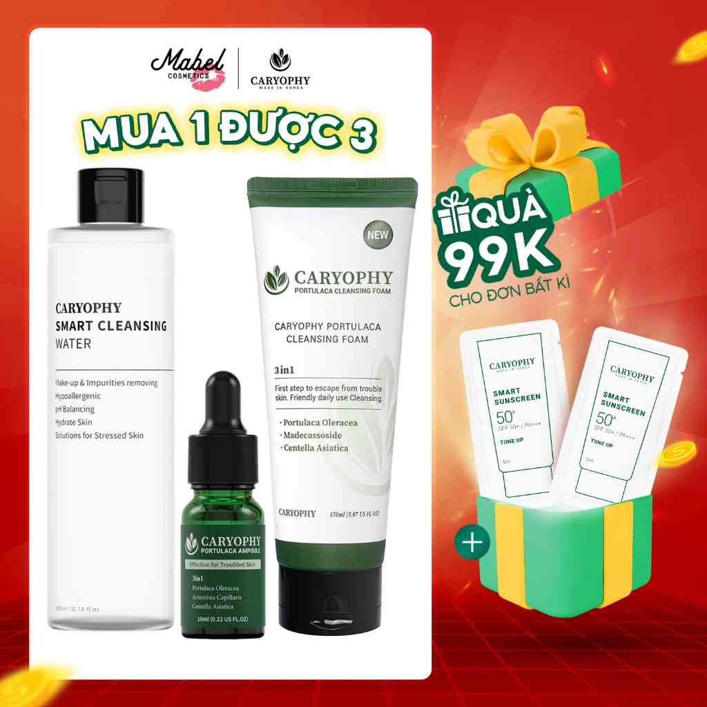 Bộ chăm sóc da giảm mụn mờ thâm Caryophy Portulaca (Nước tẩy trang 500ml Sữa rửa mặt 150ml Serum 10ml)