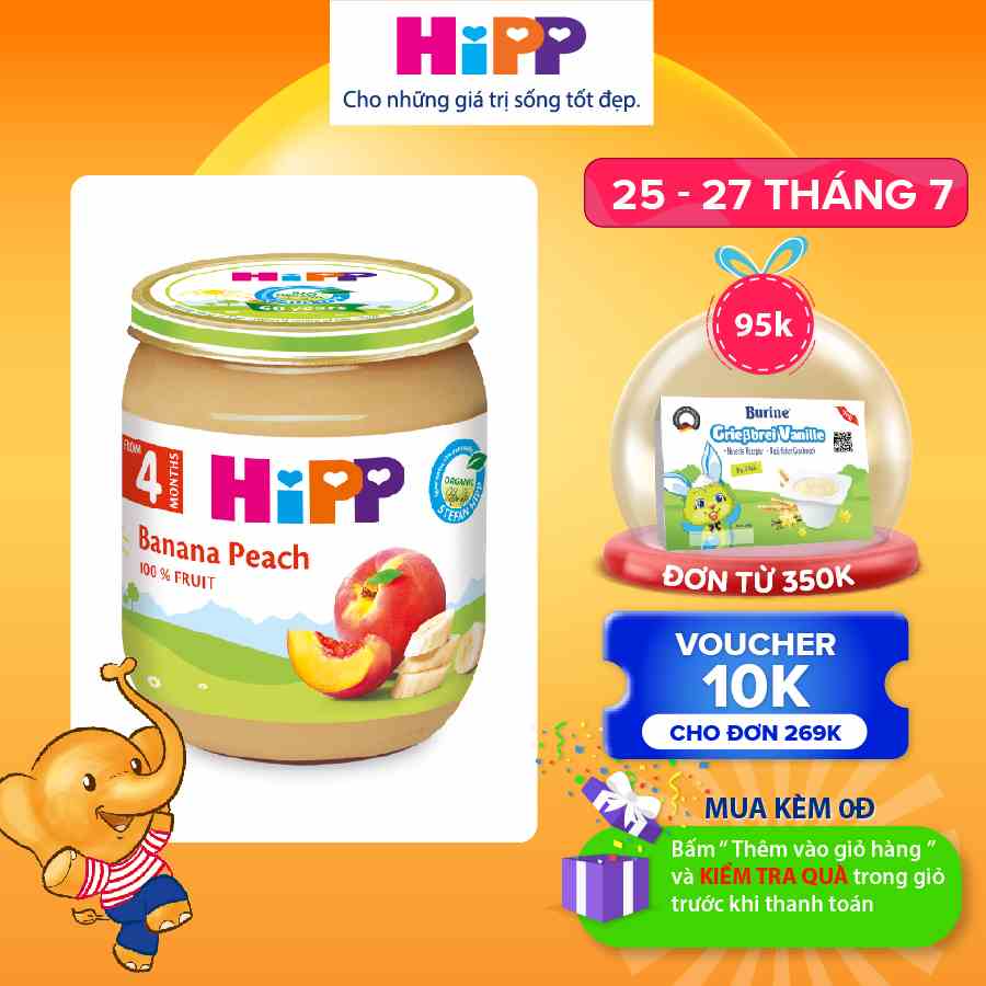 Dinh dưỡng đóng lọ ăn dặm Đào Chuối HiPP Organic 125g