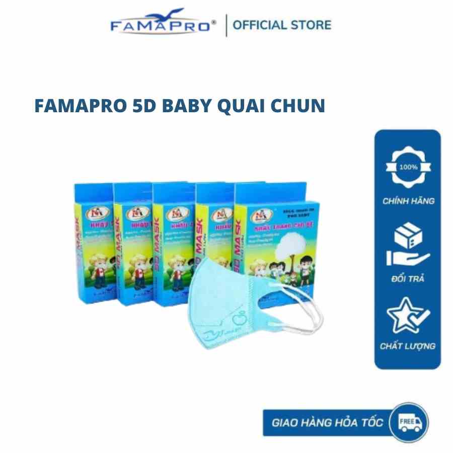 [ Cho bé từ 2-4 tuổi ] Combo 5 hộp Khẩu trang y tế 5D baby 3 lớp kháng khuẩn trẻ em Famapro ( 10 cái/hộp )