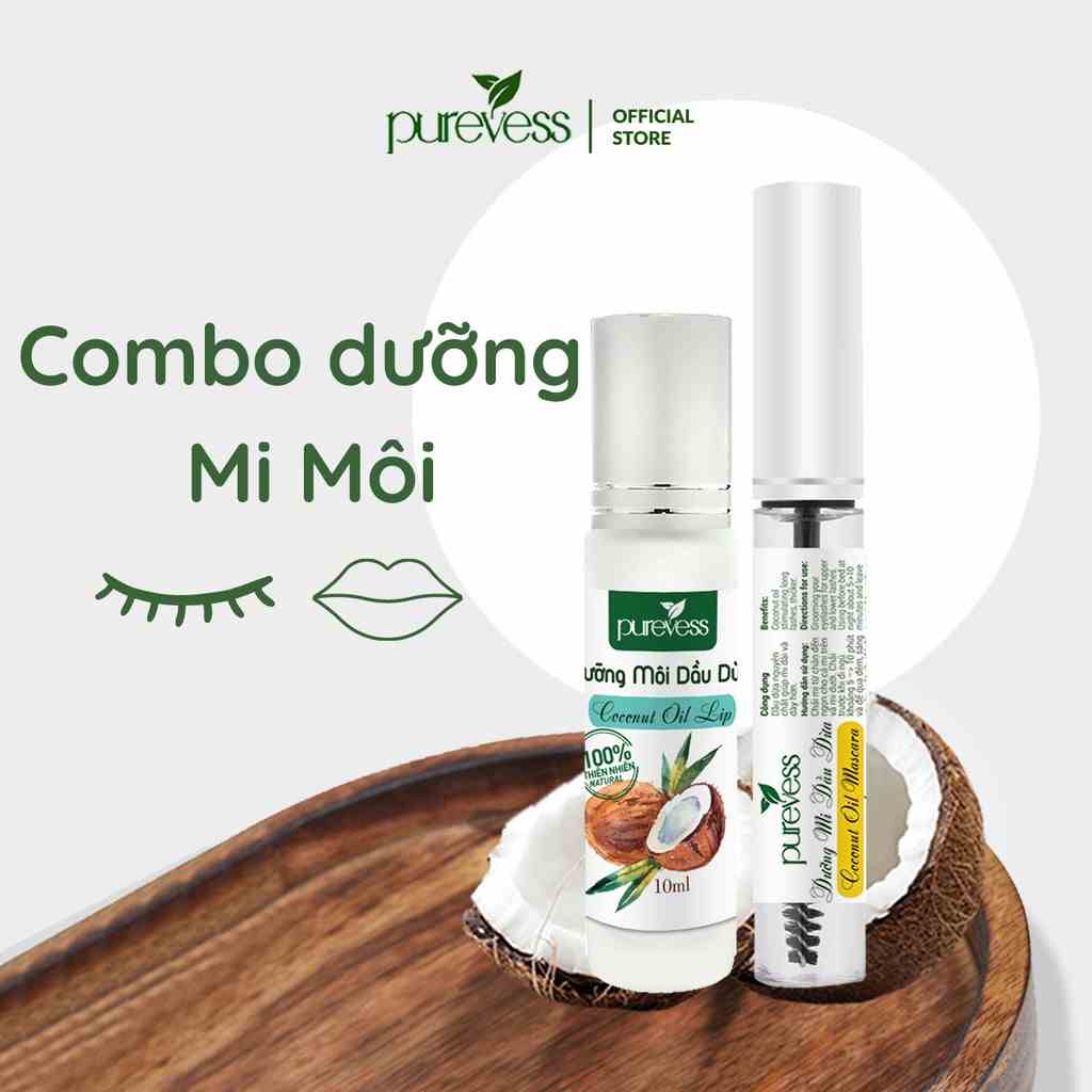 Combo dưỡng mi & dưỡng môi dầu dừa Purevess giúp dưỡng mi dài và dày hơn, giúp môi giảm thâm