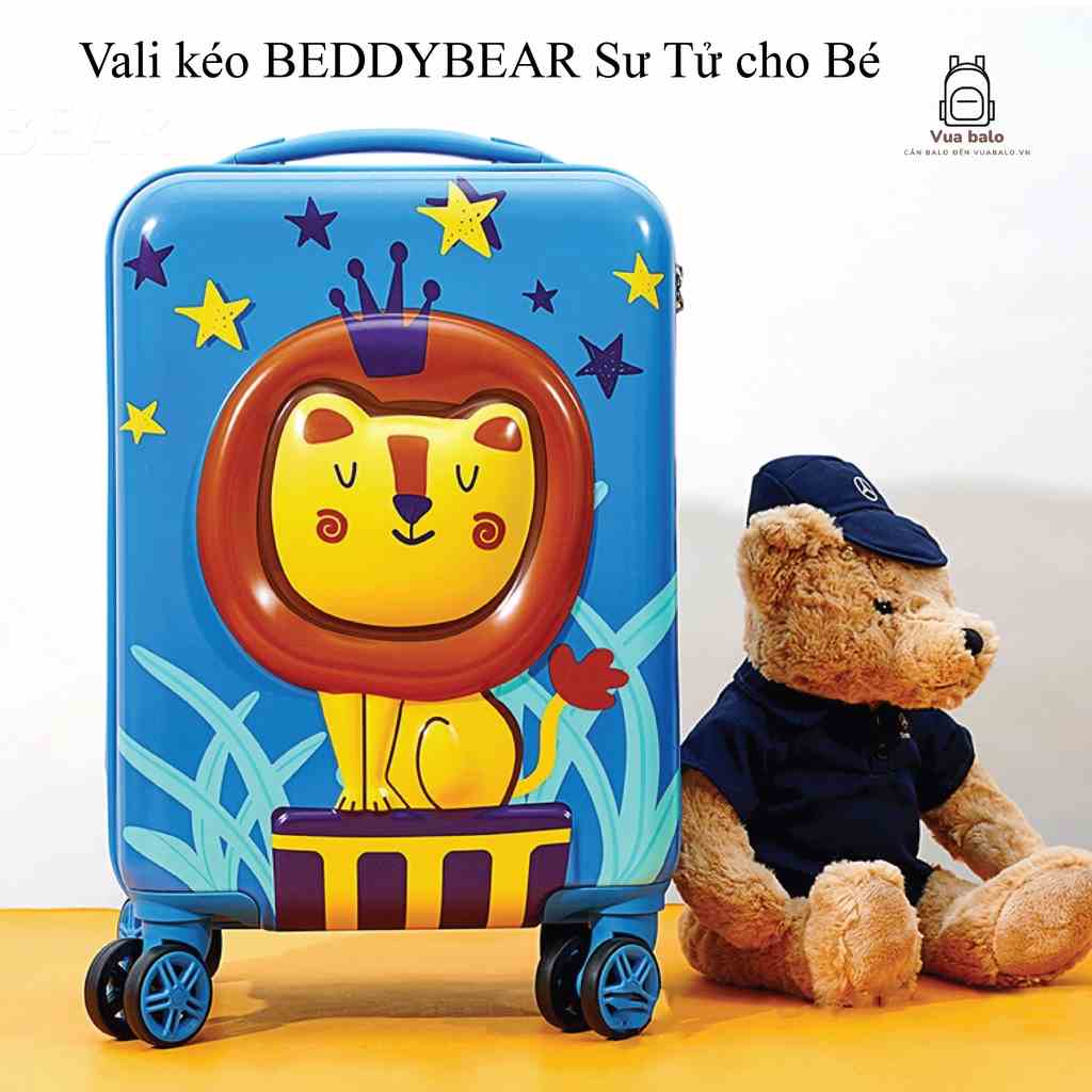 HOT Vali Kéo cho Trẻ Em BEDDYBEAR 17 inch in hình dập nổi 3D Sư Tử Chống va đập Bánh xe đôi xoay 360 độ Bảo hành 2 năm