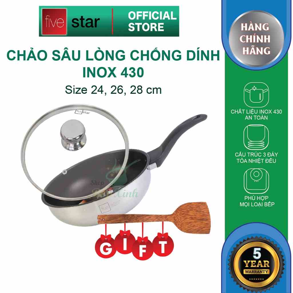 [Mã BMLTA35 giảm đến 35K đơn 99K] Chảo đáy từ chống dính sâu lòng cao cấp Fivestar 24cm , 26cm nắp kính , tặng 1 sạn dừa